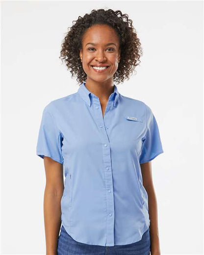 Columbia 212466 Women's PFG Tamiami™ II Short Sleeve Shirt - White Cap Blue - OnModelFront