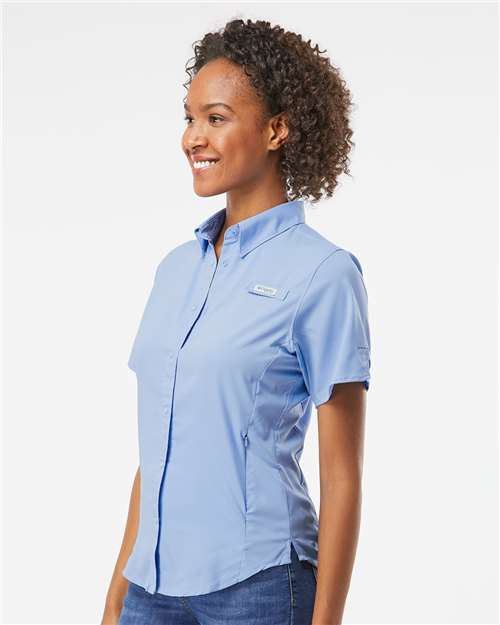 Columbia 212466 Women's PFG Tamiami™ II Short Sleeve Shirt - White Cap Blue - OnModelSide