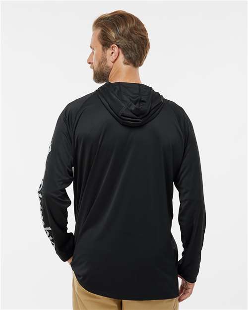 Columbia 212482 Men's PFG Terminal Tackle™ Hooded Long Sleeve T-Shirt - Black/ Cool Grey - OnModelBack
