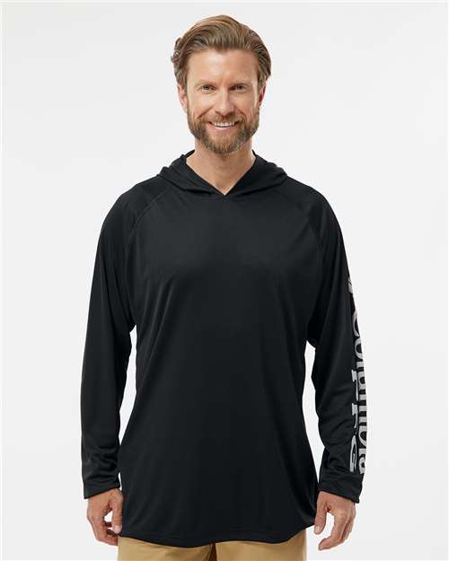 Columbia 212482 Men's PFG Terminal Tackle™ Hooded Long Sleeve T-Shirt - Black/ Cool Grey - OnModelFront