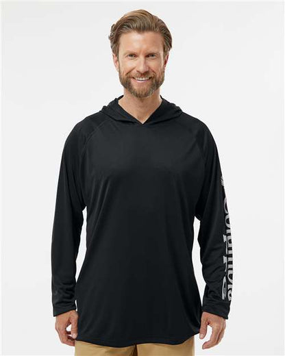 Columbia 212482 Men's PFG Terminal Tackle™ Hooded Long Sleeve T-Shirt - Black/ Cool Grey - OnModelFront