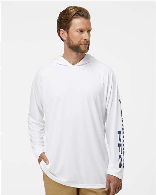 Columbia 212482 Men's PFG Terminal Tackle™ Hooded Long Sleeve T-Shirt - White/ Nightshade - OnModelFront