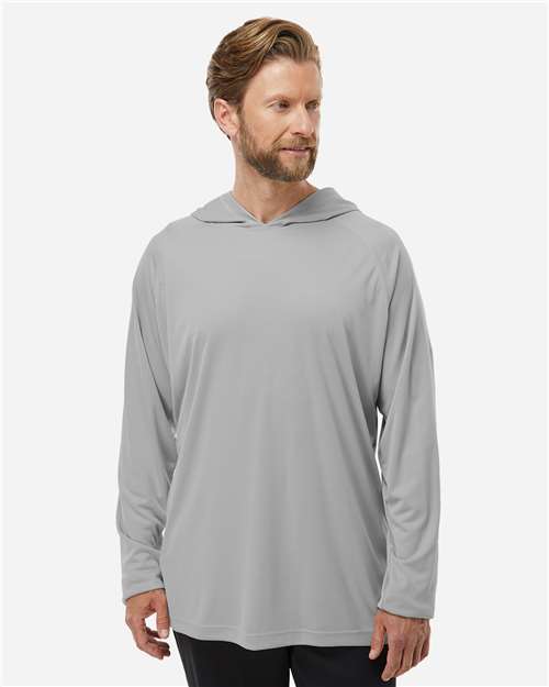Columbia 212482 Men's PFG Terminal Tackle™ Hooded Long Sleeve T-Shirt - Cool Grey/ Vivid Blue - OnModelFront