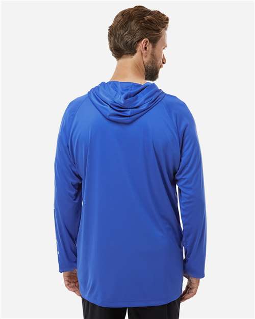 Columbia 212482 Men's PFG Terminal Tackle™ Hooded Long Sleeve T-Shirt - Vivid Blue/ Cool Grey - OnModelBack