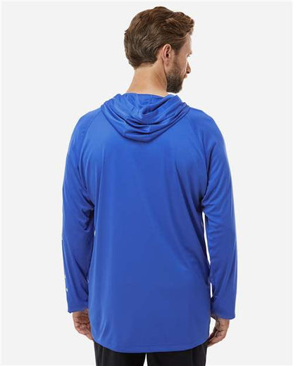 Columbia 212482 Men's PFG Terminal Tackle™ Hooded Long Sleeve T-Shirt - Vivid Blue/ Cool Grey - OnModelBack