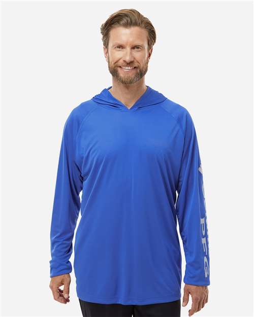 Columbia 212482 Men's PFG Terminal Tackle™ Hooded Long Sleeve T-Shirt - Vivid Blue/ Cool Grey - OnModelFront