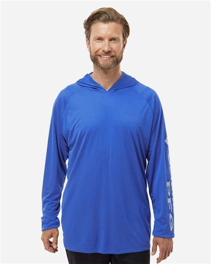 Columbia 212482 Men's PFG Terminal Tackle™ Hooded Long Sleeve T-Shirt - Vivid Blue/ Cool Grey - OnModelFront