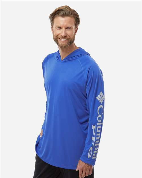 Columbia 212482 Men's PFG Terminal Tackle™ Hooded Long Sleeve T-Shirt - Vivid Blue/ Cool Grey - OnModelSide