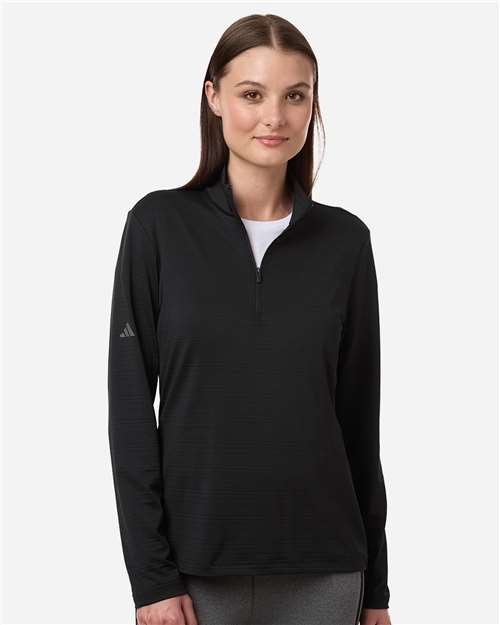 adidas A709 Women's Textured Stripe Quarter-Zip Pullover - Black - OnModelFront