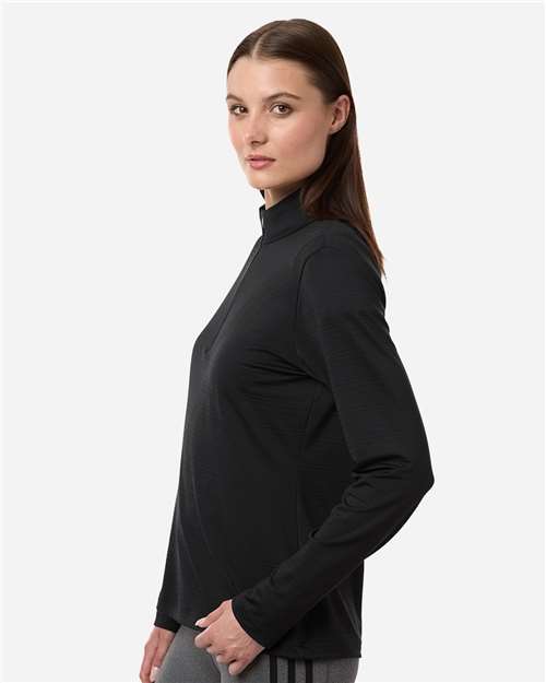 adidas A709 Women's Textured Stripe Quarter-Zip Pullover - Black - OnModelSide