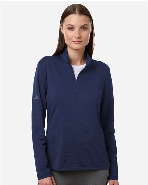 adidas A709 Women's Textured Stripe Quarter-Zip Pullover - Dark Blue - OnModelFront