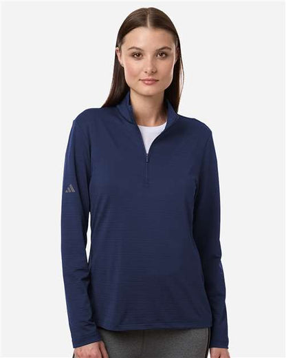 adidas A709 Women's Textured Stripe Quarter-Zip Pullover - Dark Blue - OnModelFront