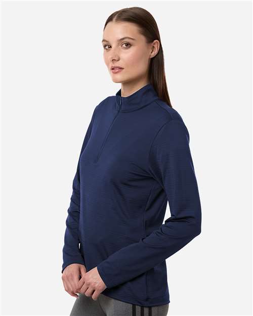 adidas A709 Women's Textured Stripe Quarter-Zip Pullover - Dark Blue - OnModelSide