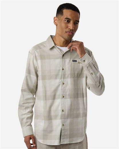 Columbia 161795 Men's Cornell Woods™ Flannel Shirt - Dark Stone Multi Buffalo Check - OnModelFront