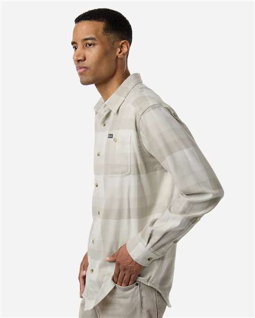 Columbia 161795 Men's Cornell Woods™ Flannel Shirt - Dark Stone Multi Buffalo Check - OnModelSide