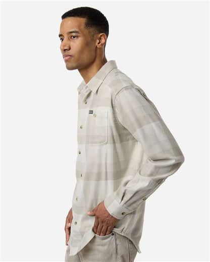 Columbia 161795 Men's Cornell Woods™ Flannel Shirt - Dark Stone Multi Buffalo Check - OnModelSide