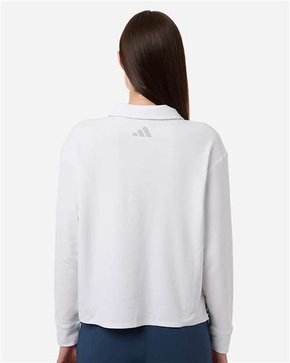 adidas A1008 Women's Beyond Long Sleeve Loose Polo - White - OnModelBack
