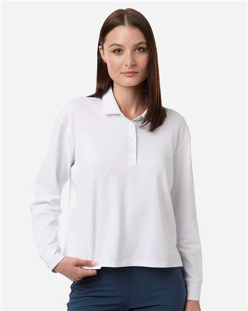 adidas A1008 Women's Beyond Long Sleeve Loose Polo - White - OnModelFront