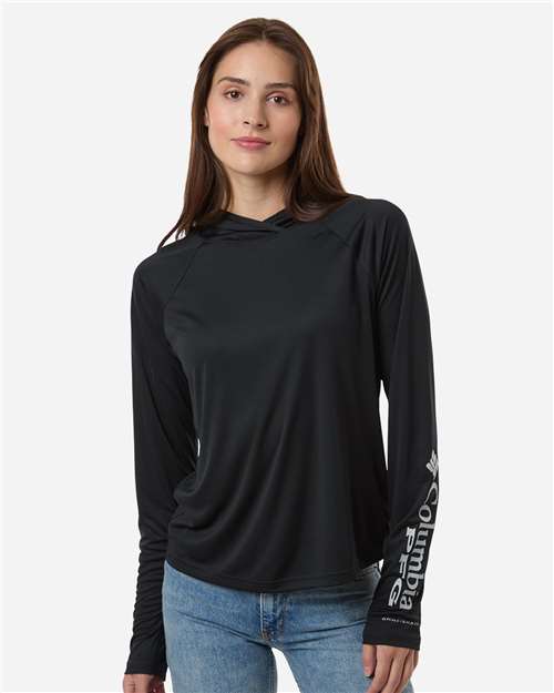 Columbia 216061 Women's PFG Tidal Tee™ Hooded Long Sleeve - Black/ Cool Grey - OnModelFront