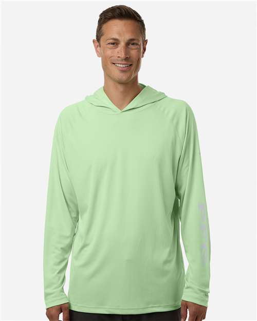 Columbia 212482 Men's PFG Terminal Tackle™ Hooded Long Sleeve T-Shirt - Key West/ Cool Grey - OnModelFront