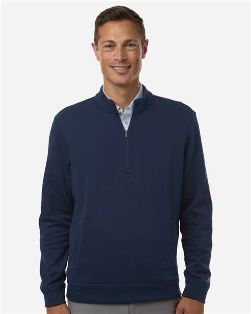 adidas A721 Men's Elevated Fleece Quarter-Zip Pullover - Collegiate Navy - OnModelFront