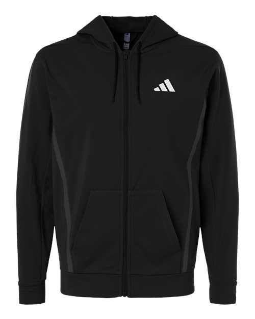 adidas AT208 Men's Game & Go Fleece Full-Zip Hooded Sweatshirt - Black - Front