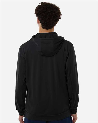 adidas AT208 Men's Game & Go Fleece Full-Zip Hooded Sweatshirt - Black - OnModelBack