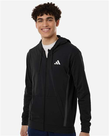 adidas AT208 Men's Game & Go Fleece Full-Zip Hooded Sweatshirt - Black - OnModelFront