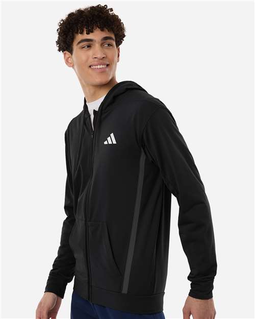 adidas AT208 Men's Game & Go Fleece Full-Zip Hooded Sweatshirt - Black - OnModelSide