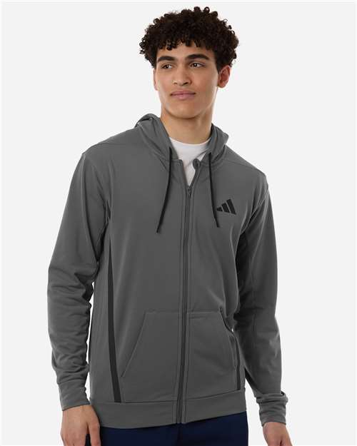 adidas AT208 Men's Game & Go Fleece Full-Zip Hooded Sweatshirt - Team Grey Four - OnModelFront