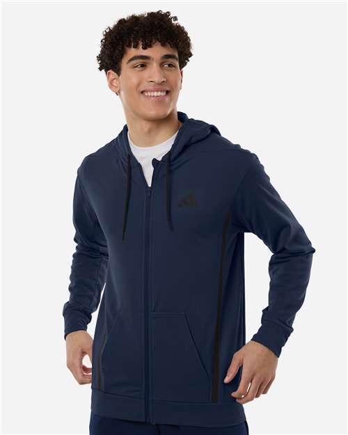 adidas AT208 Men's Game & Go Fleece Full-Zip Hooded Sweatshirt - Team Navy Blue - OnModelFront