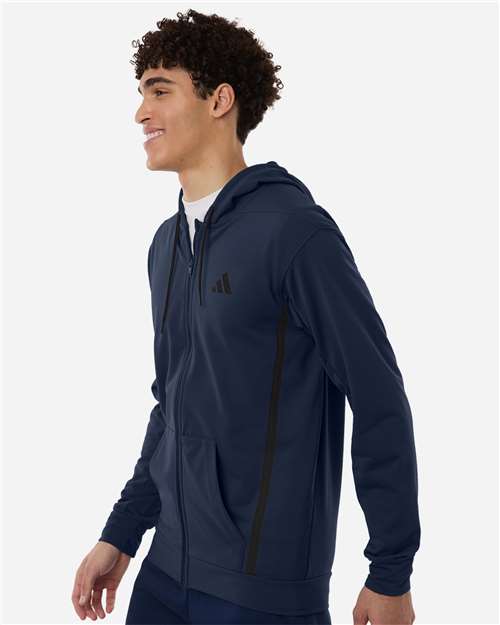 adidas AT208 Men's Game & Go Fleece Full-Zip Hooded Sweatshirt - Team Navy Blue - OnModelSide