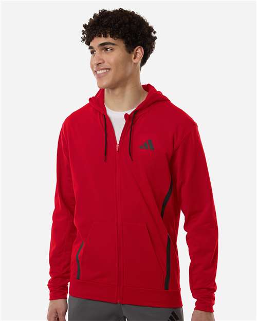 adidas AT208 Men's Game & Go Fleece Full-Zip Hooded Sweatshirt - Team Power Red - OnModelFront