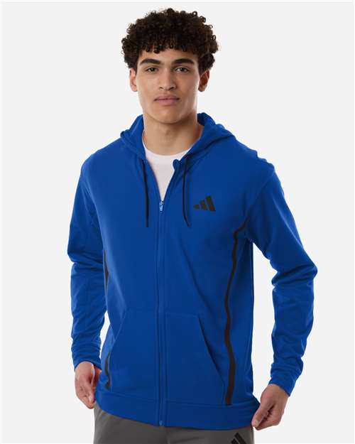 adidas AT208 Men's Game & Go Fleece Full-Zip Hooded Sweatshirt - Team Royal Blue - OnModelFront