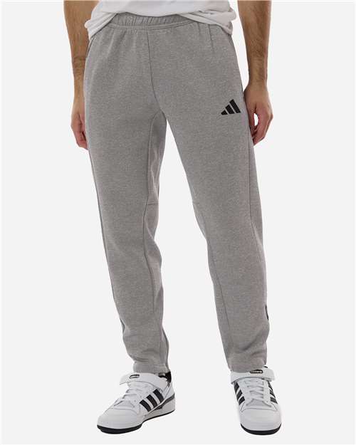 adidas AT218 Men's Game & Go Fleece 3-Bar Sweatpants - Medium Grey Heather - OnModelFront