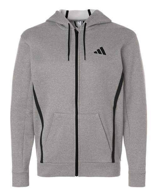 adidas AT208 Men's Game & Go Fleece Full-Zip Hooded Sweatshirt - Medium Grey Heather - Front
