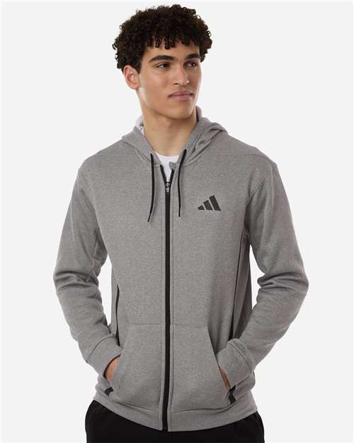 adidas AT208 Men's Game & Go Fleece Full-Zip Hooded Sweatshirt - Medium Grey Heather - OnModelFront