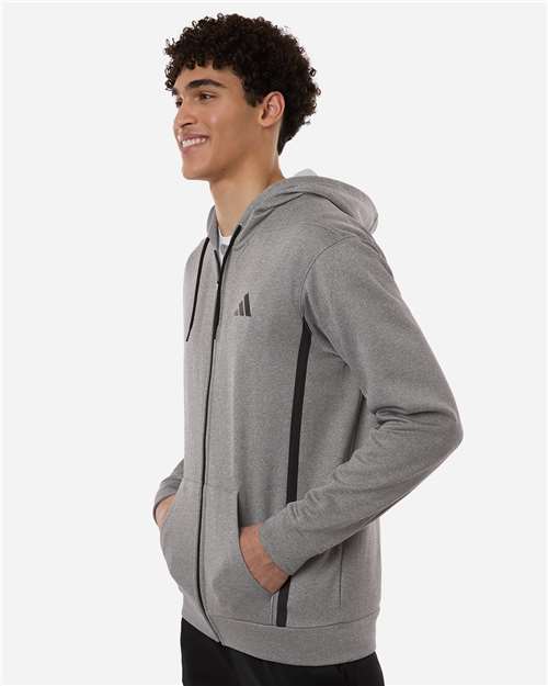 adidas AT208 Men's Game & Go Fleece Full-Zip Hooded Sweatshirt - Medium Grey Heather - OnModelSide