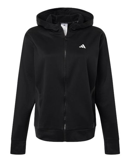 adidas AT209 Women's Game & Go Fleece Full-Zip Hooded Sweatshirt - Black/ White - Front
