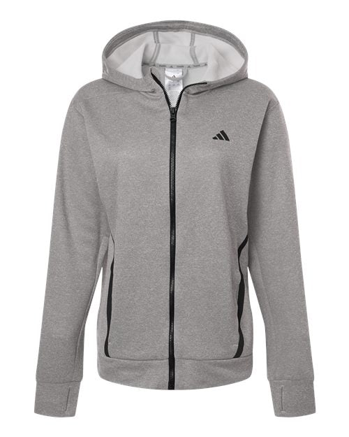 adidas AT209 Women's Game & Go Fleece Full-Zip Hooded Sweatshirt - Medium Grey Heather/ Black - Front