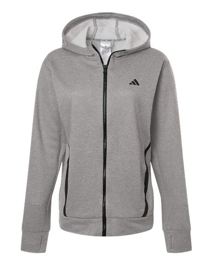 adidas AT209 Women's Game & Go Fleece Full-Zip Hooded Sweatshirt - Medium Grey Heather/ Black - Front