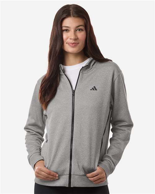 adidas AT209 Women's Game & Go Fleece Full-Zip Hooded Sweatshirt - Medium Grey Heather/ Black - OnModelFront