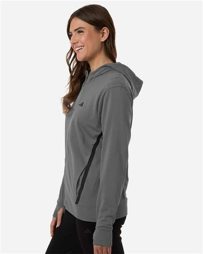 adidas AT209 Women's Game & Go Fleece Full-Zip Hooded Sweatshirt - Team Grey Four/ Black - OnModelSide