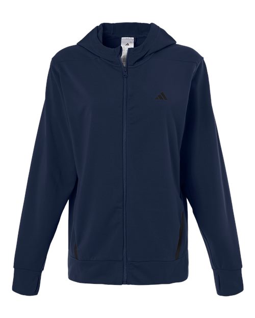 adidas AT209 Women's Game & Go Fleece Full-Zip Hooded Sweatshirt - Team Navy Blue/ Black - Front