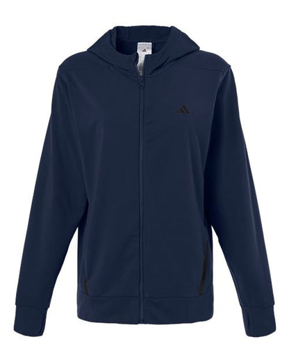 adidas AT209 Women's Game & Go Fleece Full-Zip Hooded Sweatshirt - Team Navy Blue/ Black - Front