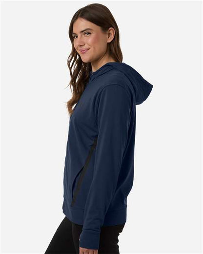 adidas AT209 Women's Game & Go Fleece Full-Zip Hooded Sweatshirt - Team Navy Blue/ Black - OnModelSide