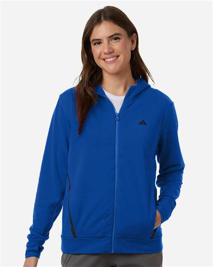 adidas AT209 Women's Game & Go Fleece Full-Zip Hooded Sweatshirt - Team Royal Blue/ Black - OnModelFront