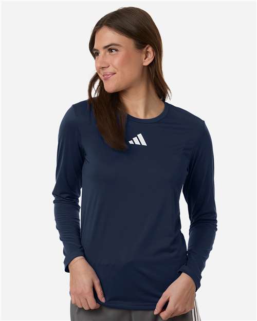 adidas AT105 Women's Pregame Long Sleeve T-Shirt - Team Navy Blue/ White - OnModelFront