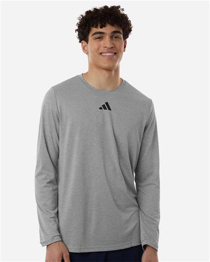 adidas AT104 Men's Pregame Long Sleeve T-Shirt - Medium Grey Heather/ Black - OnModelFront