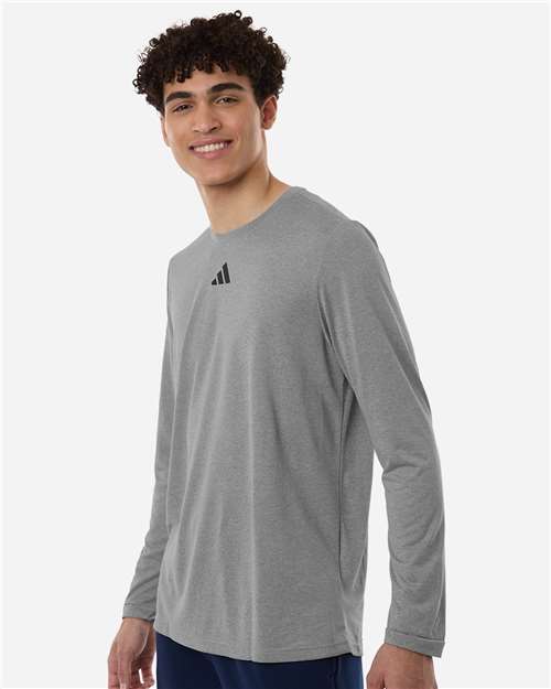 adidas AT104 Men's Pregame Long Sleeve T-Shirt - Medium Grey Heather/ Black - OnModelSide